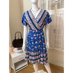 ZESICA Blue Floral Wrap Mini Dress L